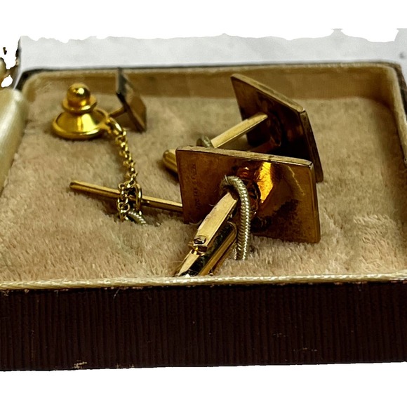 Yellow Gold 14K Filled 1/20th Quality Vintage Cuff Links & Tie Tack Set w/ Box - Picture 7 of 16